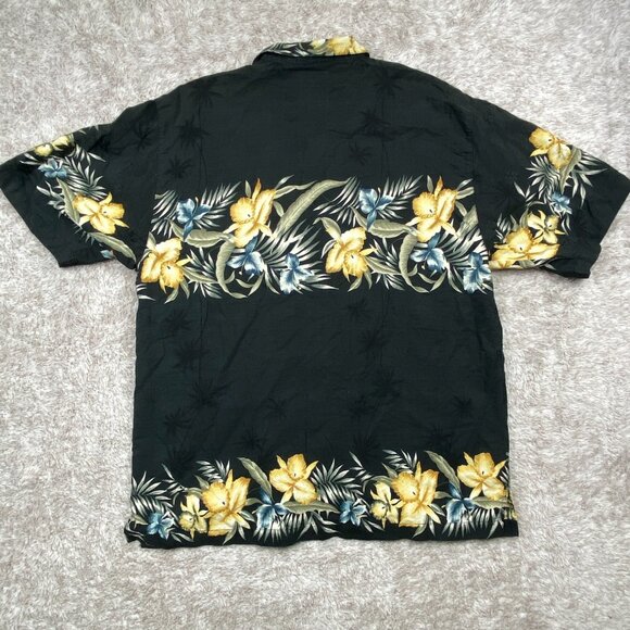 VTG Tommy Bahama Wood Button Loop Collar Shirt Mens L Black Floral Silk Blend - Picture 3 of 11